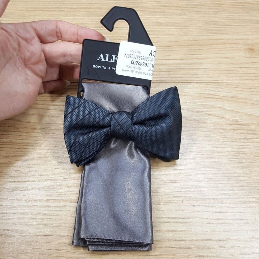 ALFANI Mens Bow Tie Gray Diamond Textured Pre-Tied & Satin Pocket Square Set